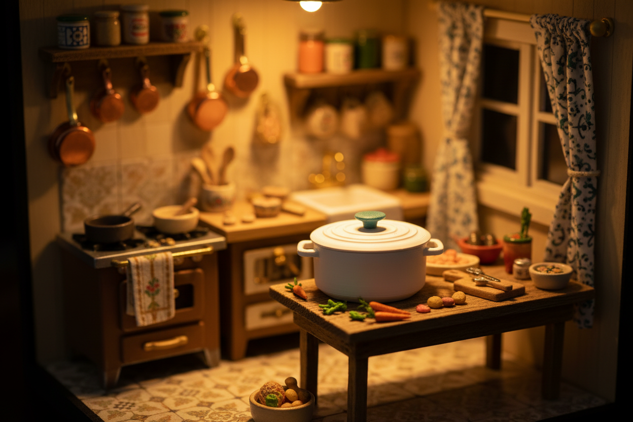 Miniature Dutch oven in whimsical dollhouse kitchen lifestyle scene