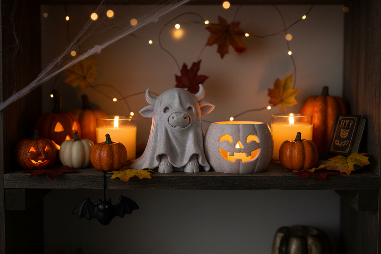 Ghost cow and jack-o-lantern candle holder set Halloween lifestyle scene