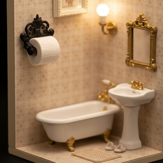 Miniature Victorian toilet paper holder in cozy dollhouse bathroom diorama