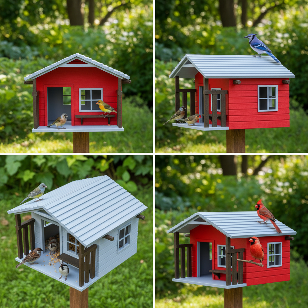 Heritage Farmhouse Bird Feeder - red multi-angle view