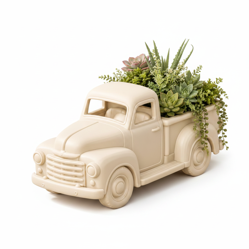 Vintage pickup truck planter white background studio shot