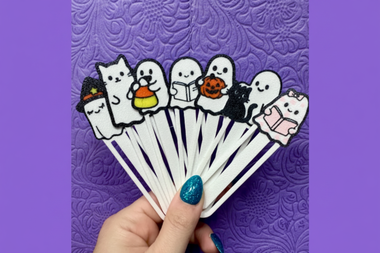 Halloween ghost bookmarks set of 7 lifestyle purple party background
