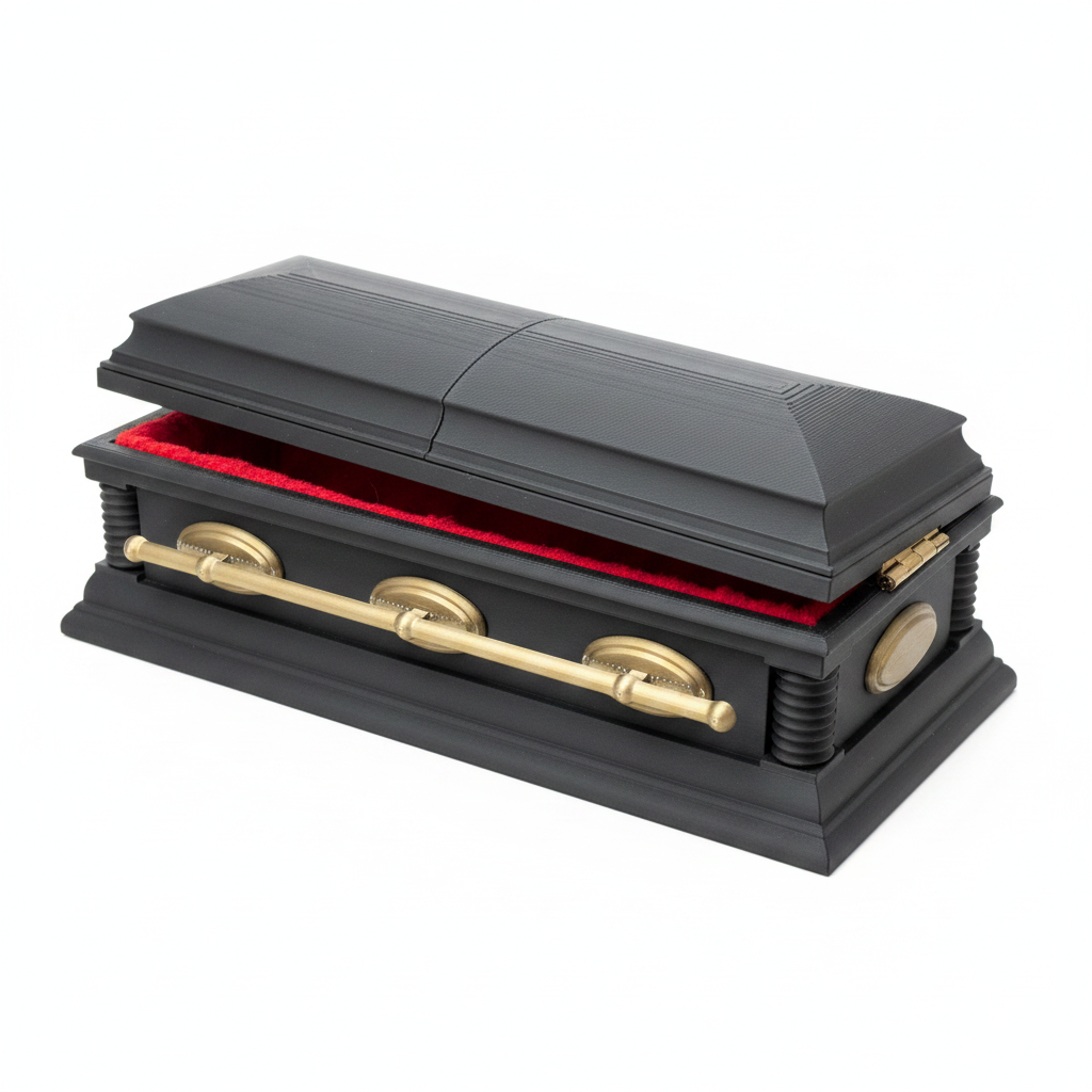 Mini coffin box partially open hinge detail - white background studio shot