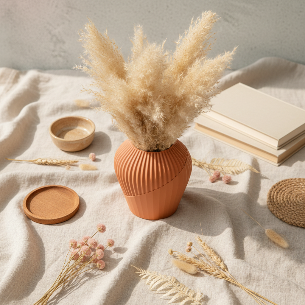 Flat lay of terracotta ribbed fluted vase with dried pampas grass and botanicals