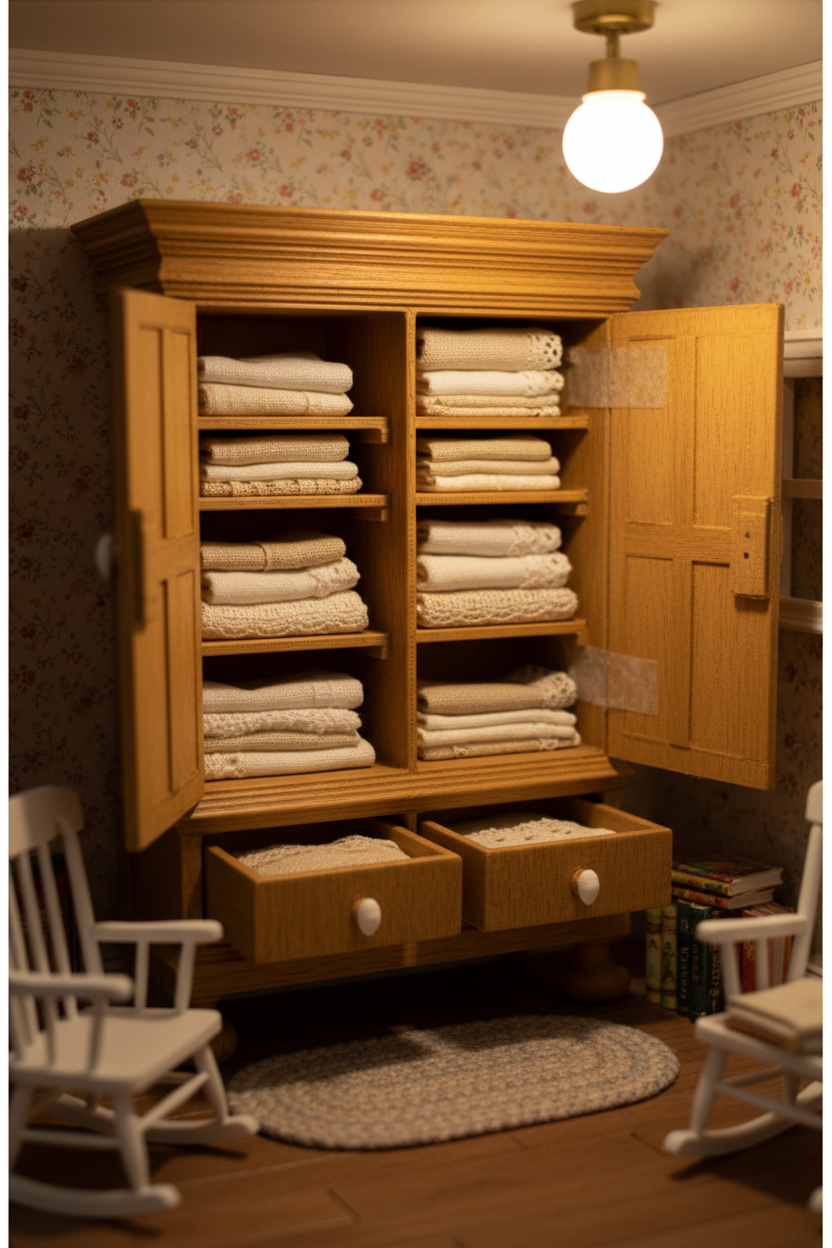 Miniature hand painted wood linen cabinet in a cozy dollhouse lifestyle scene