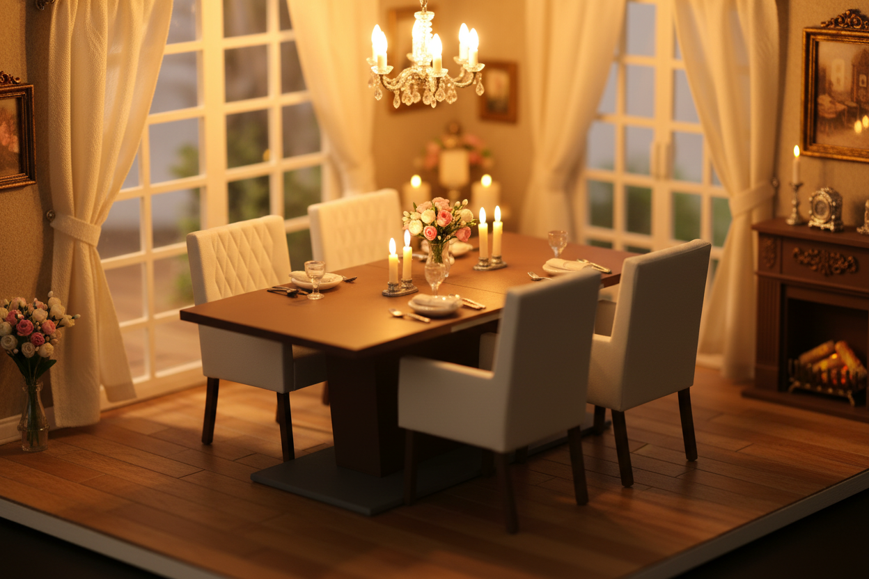 Miniature dining table set in whimsical dollhouse dining room lifestyle scene