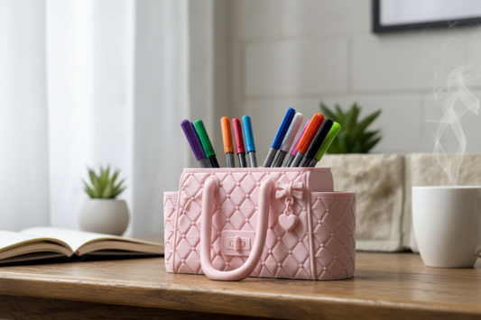 Luxury handbag organizer pink on wooden desk with pens and pencils