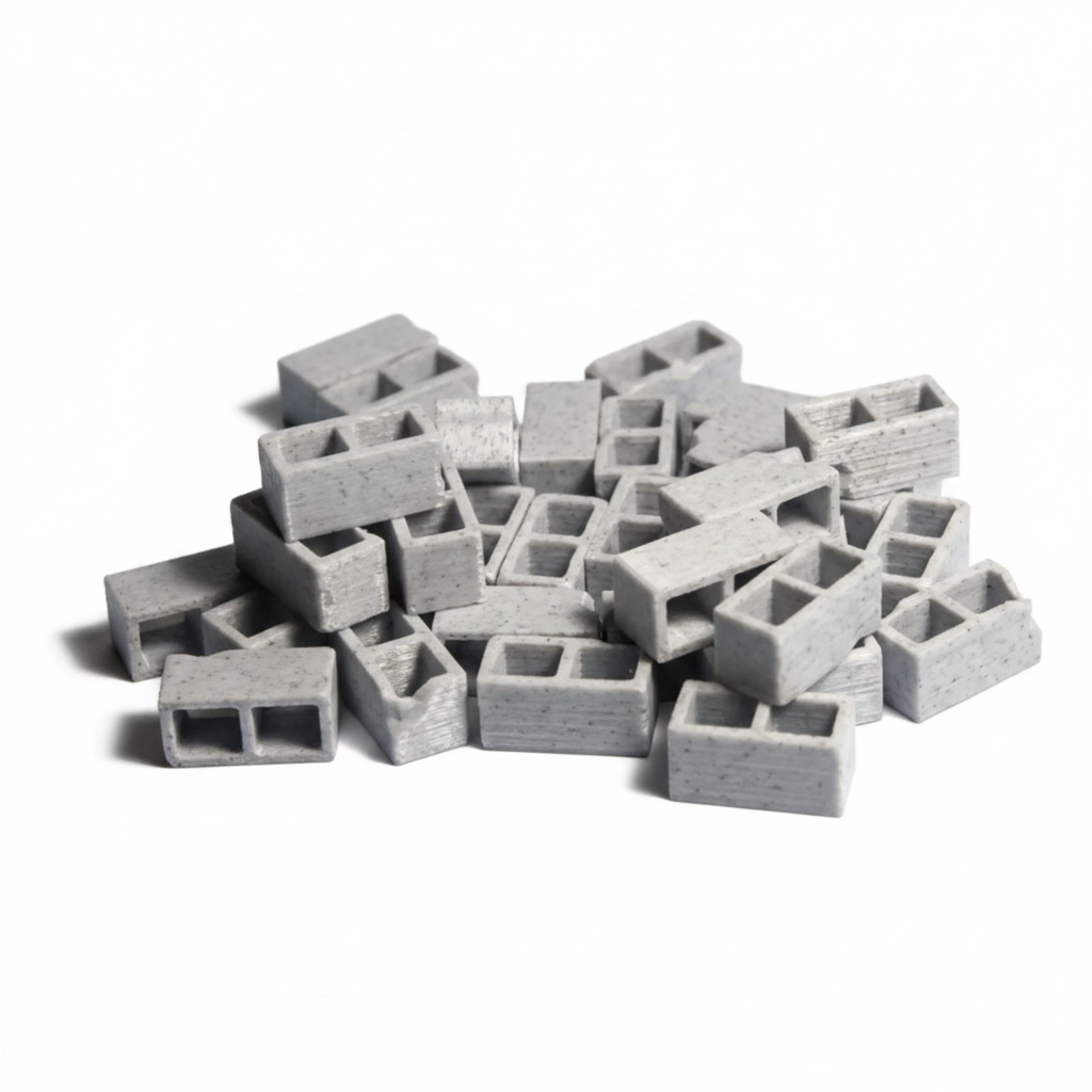 Full pile of 20 miniature cinder blocks on white background