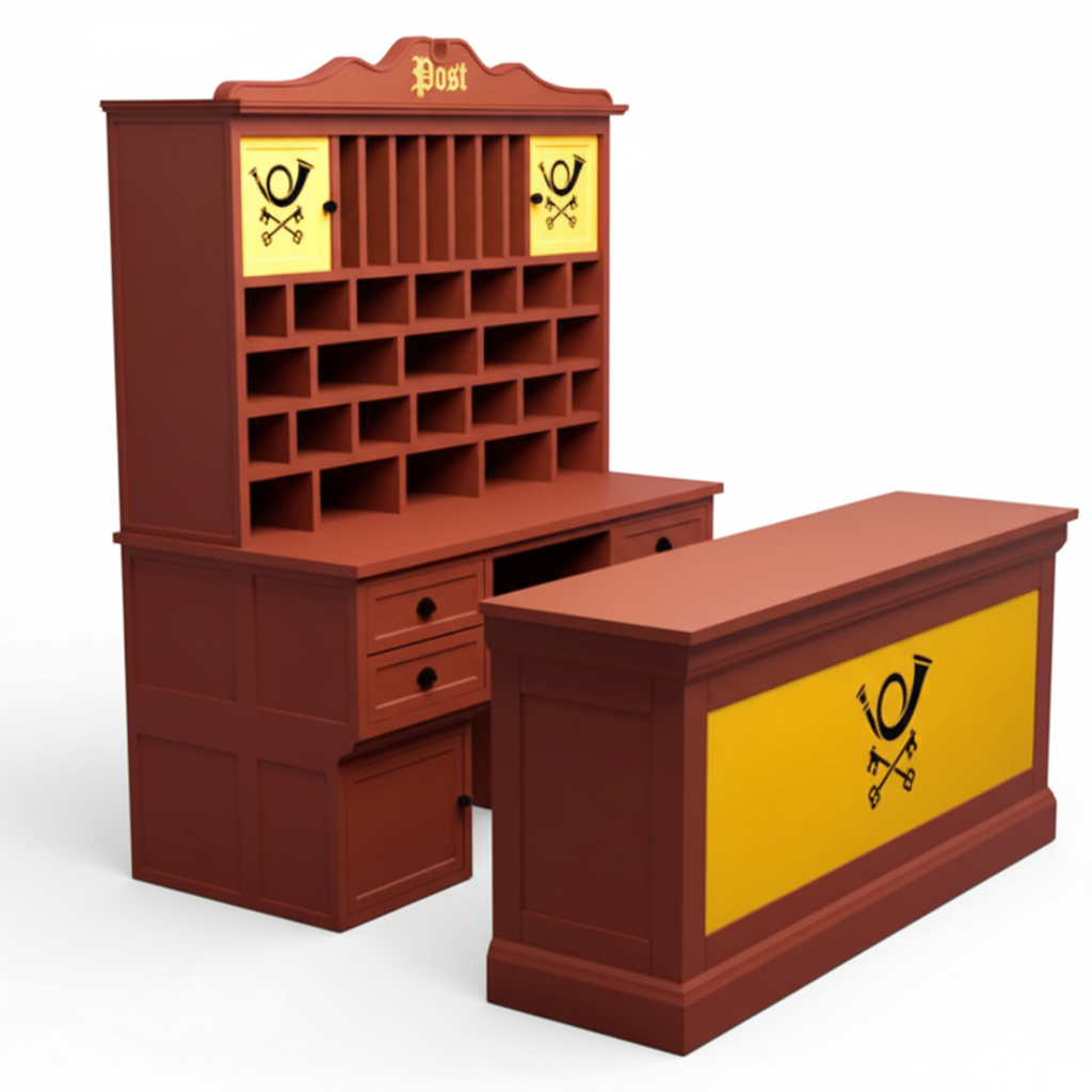 Miniature post office cabinet and counter set white background studio shot