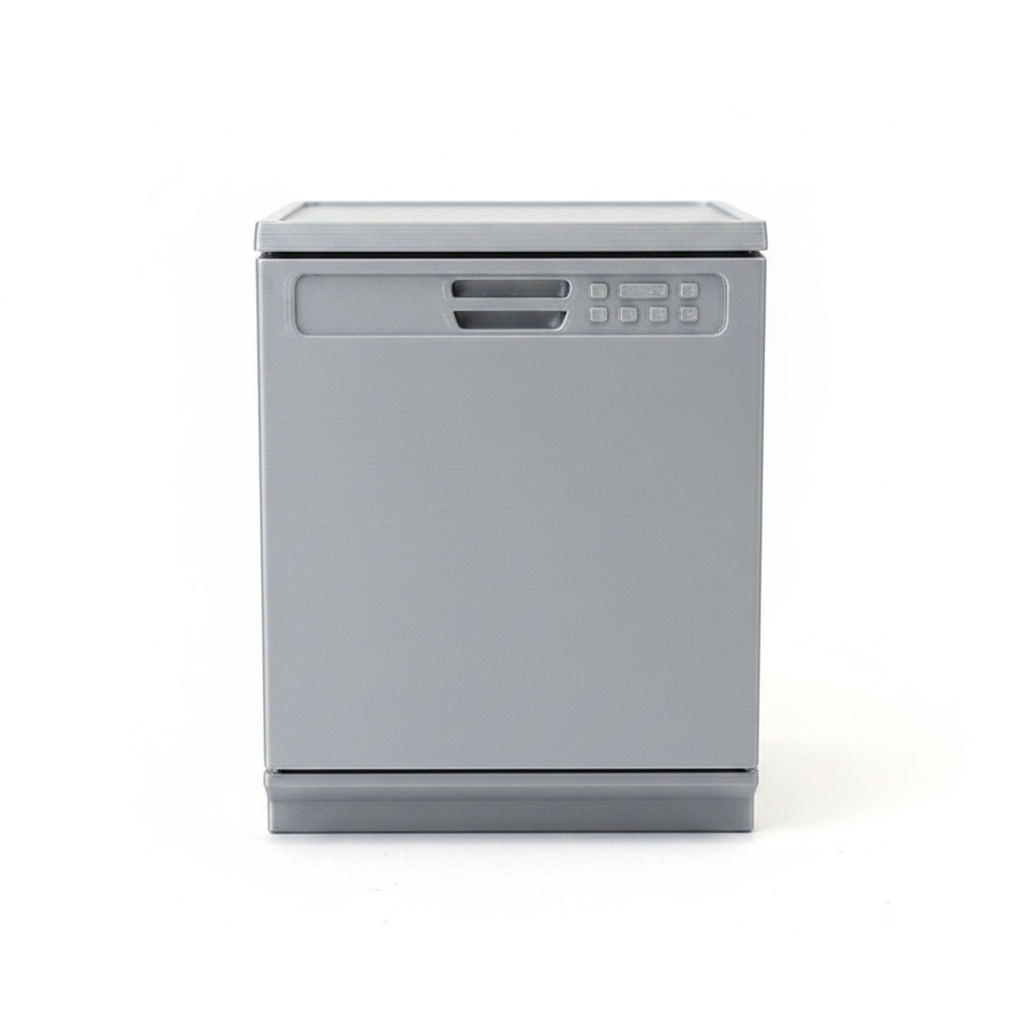 Miniature dishwasher front panel closed on white background