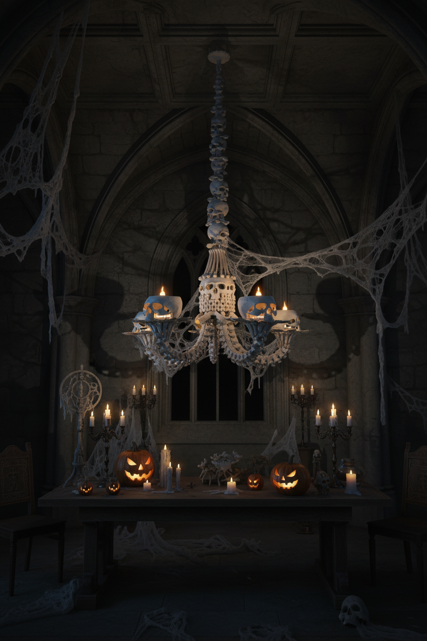 Skull Chandelier - spooky lit lifestyle scene with shadow play