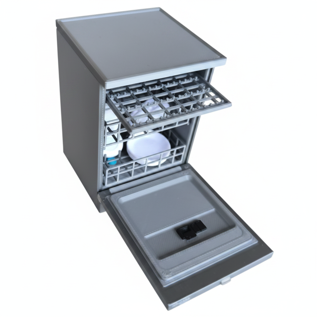 Miniature dishwasher interior rack close-up on white background