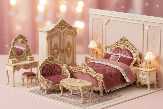 1:12 scale baroque royal bedroom set in a cozy dollhouse diorama setting