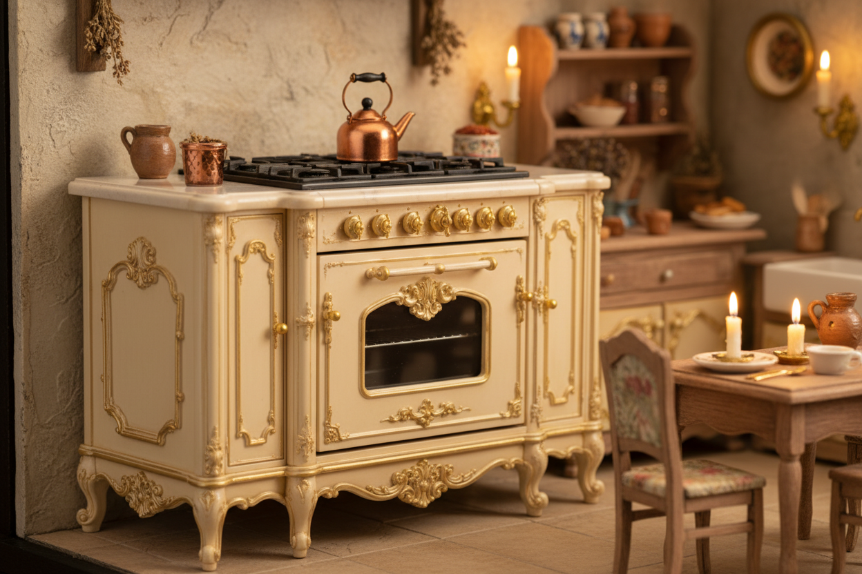 1:12 scale Rococo ornate gas range stove in a cozy French country dollhouse kitchen