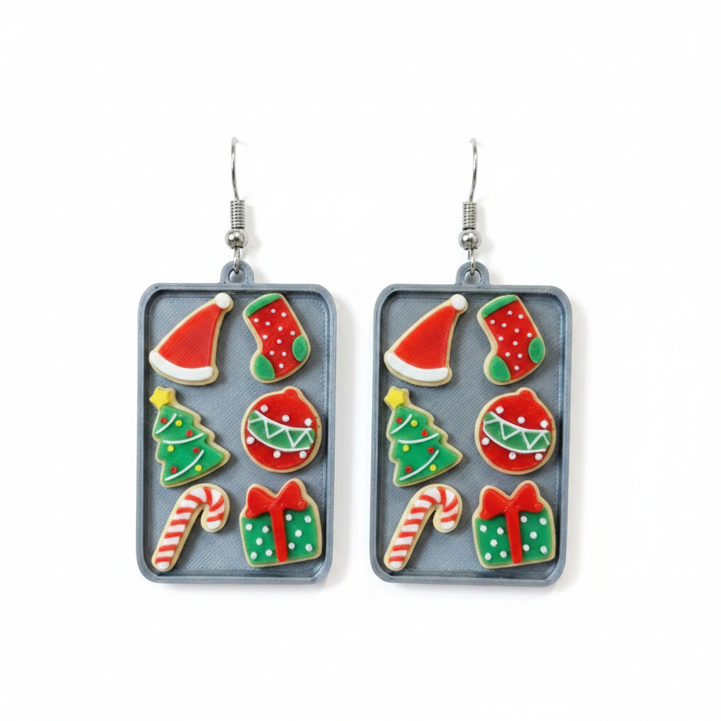Christmas cookie baking tray earrings on white background