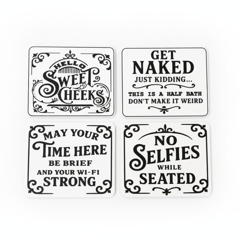 Set of 4 funny bathroom signs on white background studio shot
