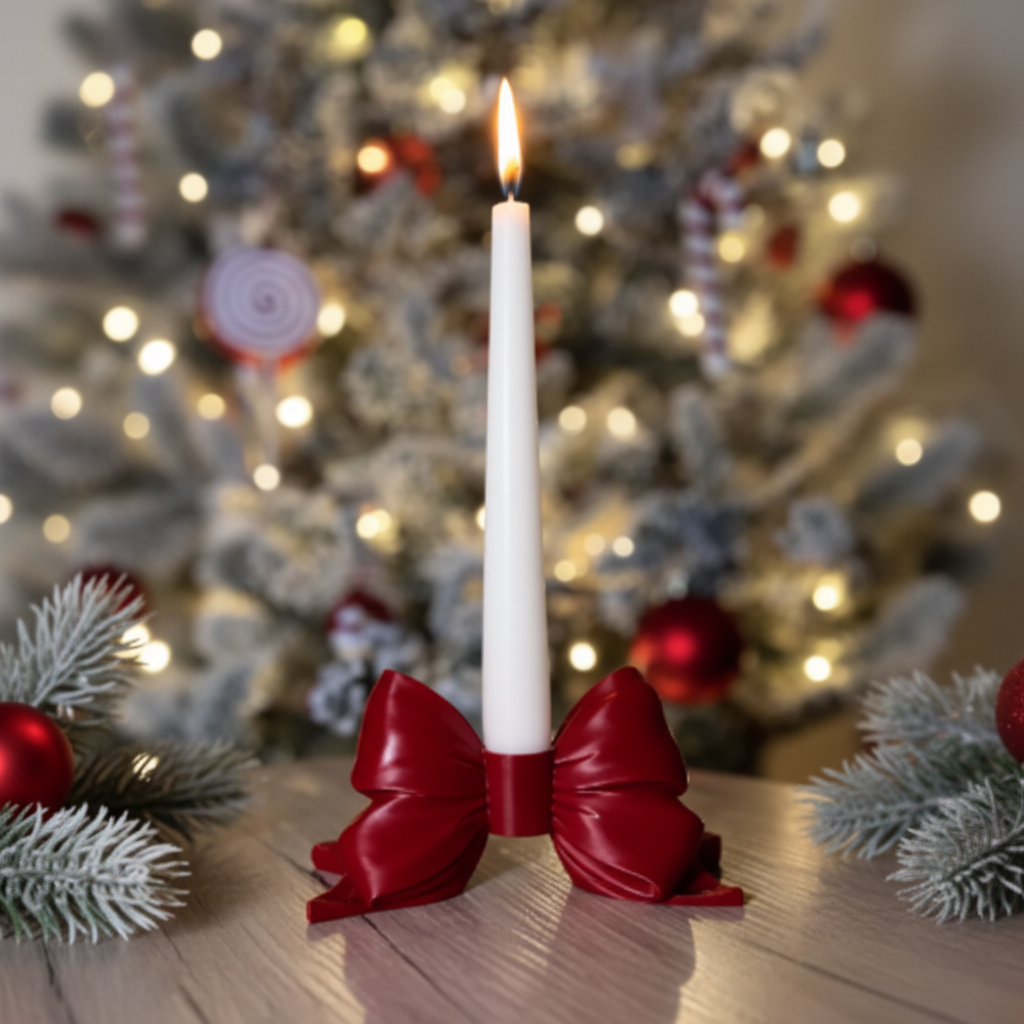 Red bow candle holder with white taper candle in festive Christmas lifestyle scene