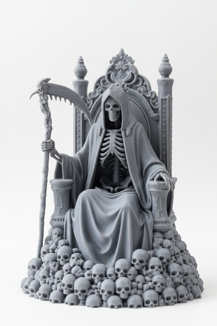 Grim Reaper skull throne incense holder unpainted gray on white background