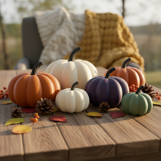 3D printed decorative pumpkins in multiple fall colors on rustic wooden surface