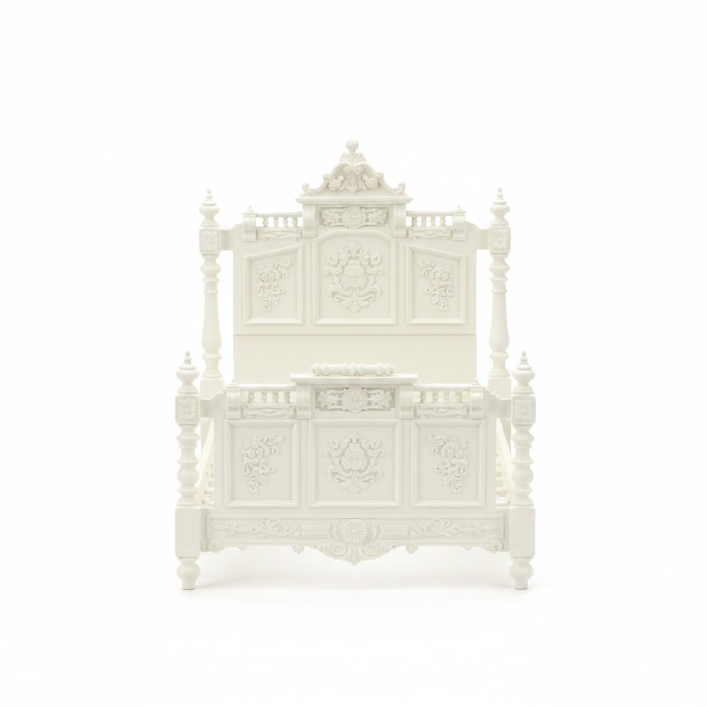 Miniature baroque bed frame front view on white background