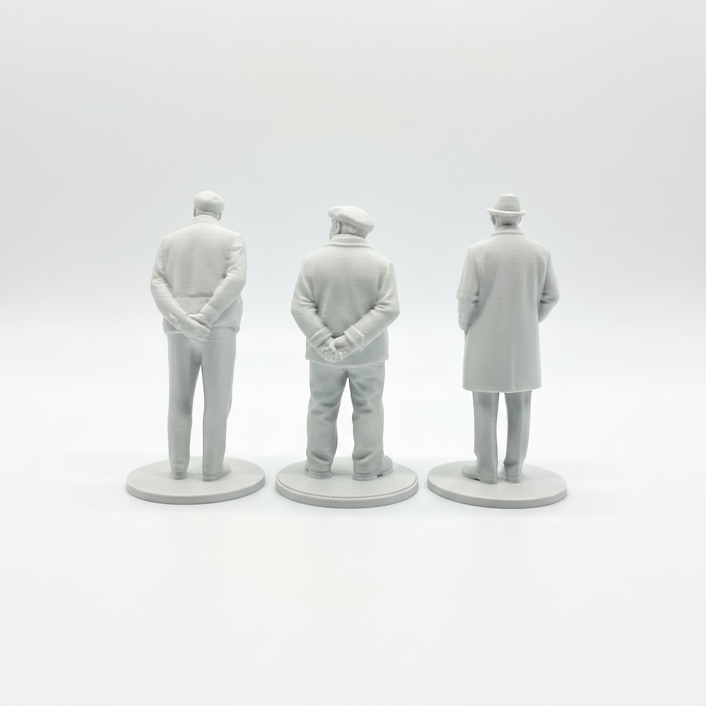 Grumpy old people miniature figures back view of men on white background
