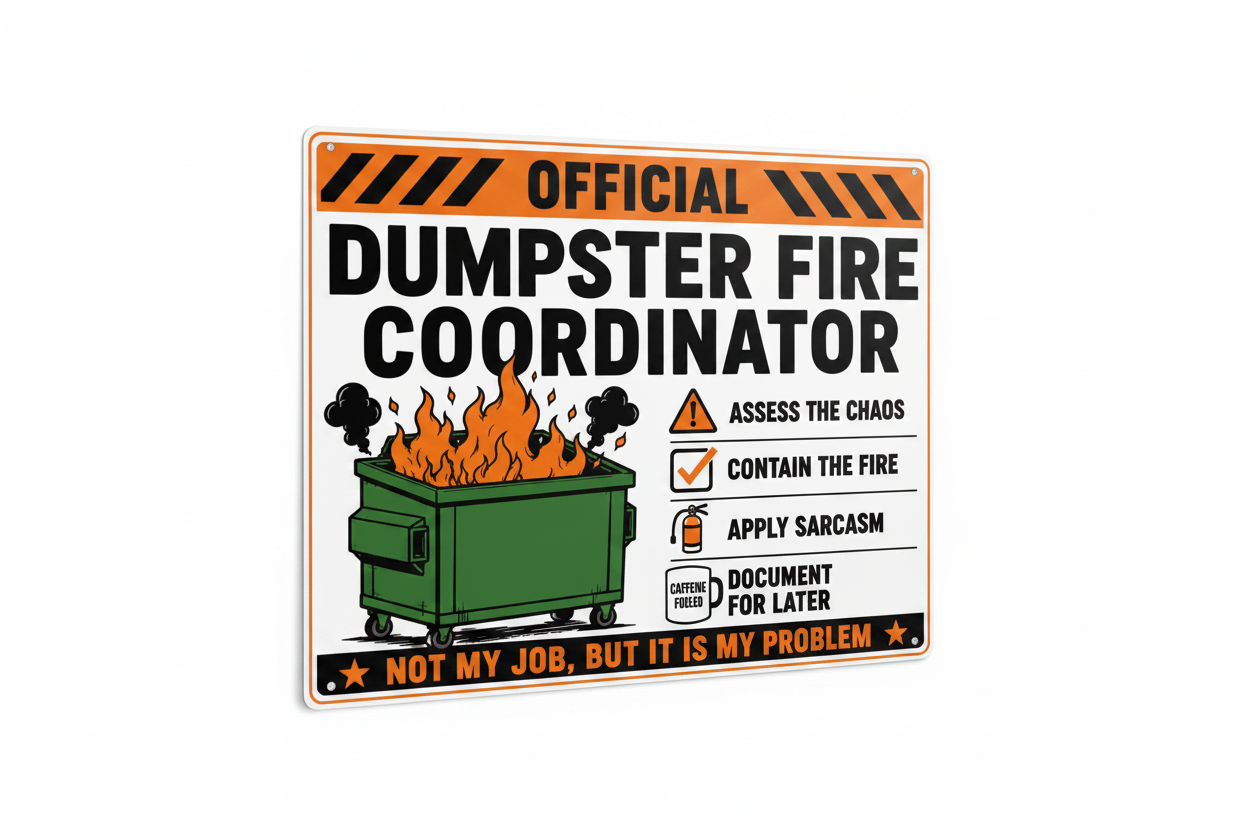Dumpster Fire Coordinator sign white background studio shot