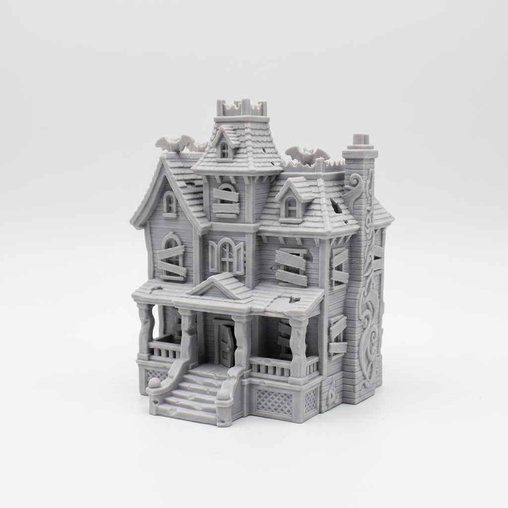 Halloween haunted house white background porch front angle view