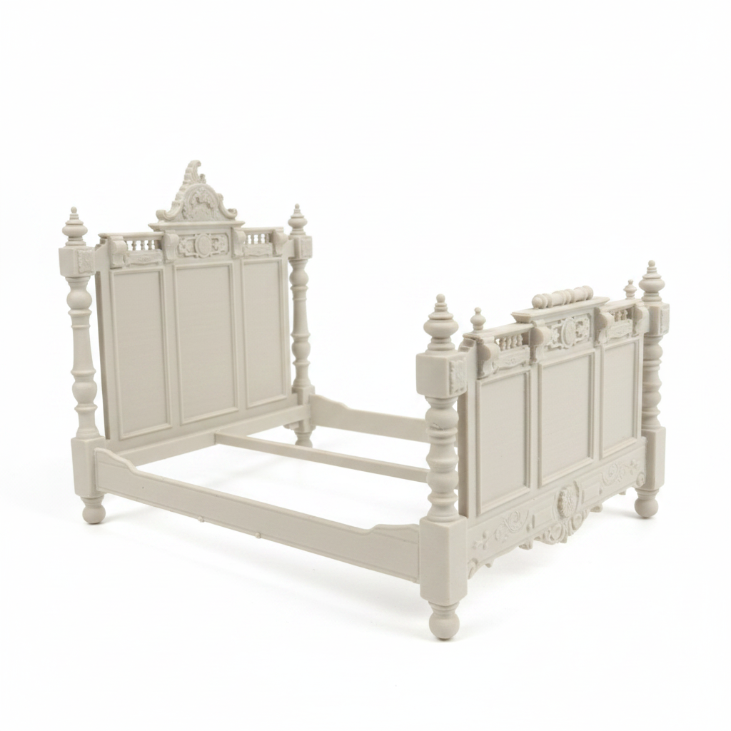 Miniature baroque bed frame side profile on white background