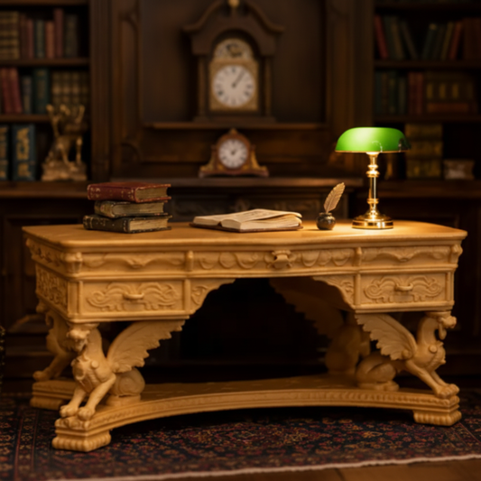 Miniature griffin library table in whimsical dollhouse diorama setting