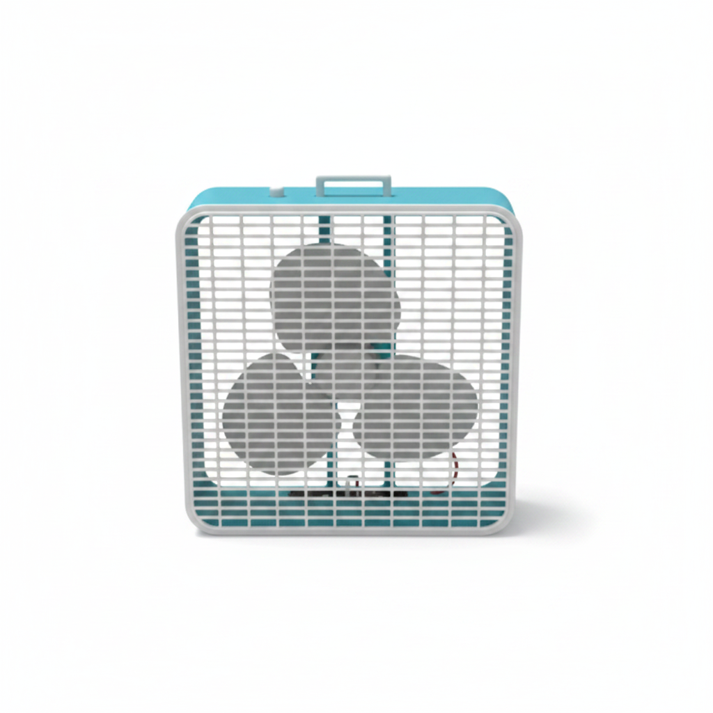 Miniature box fan front view on white background