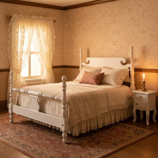 Victorian miniature bed frame in cozy dollhouse diorama setting