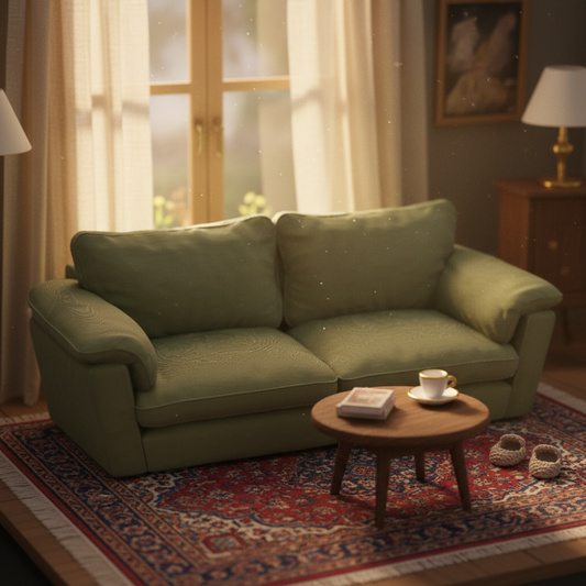 Miniature lounge sofa styled in cozy dollhouse diorama setting