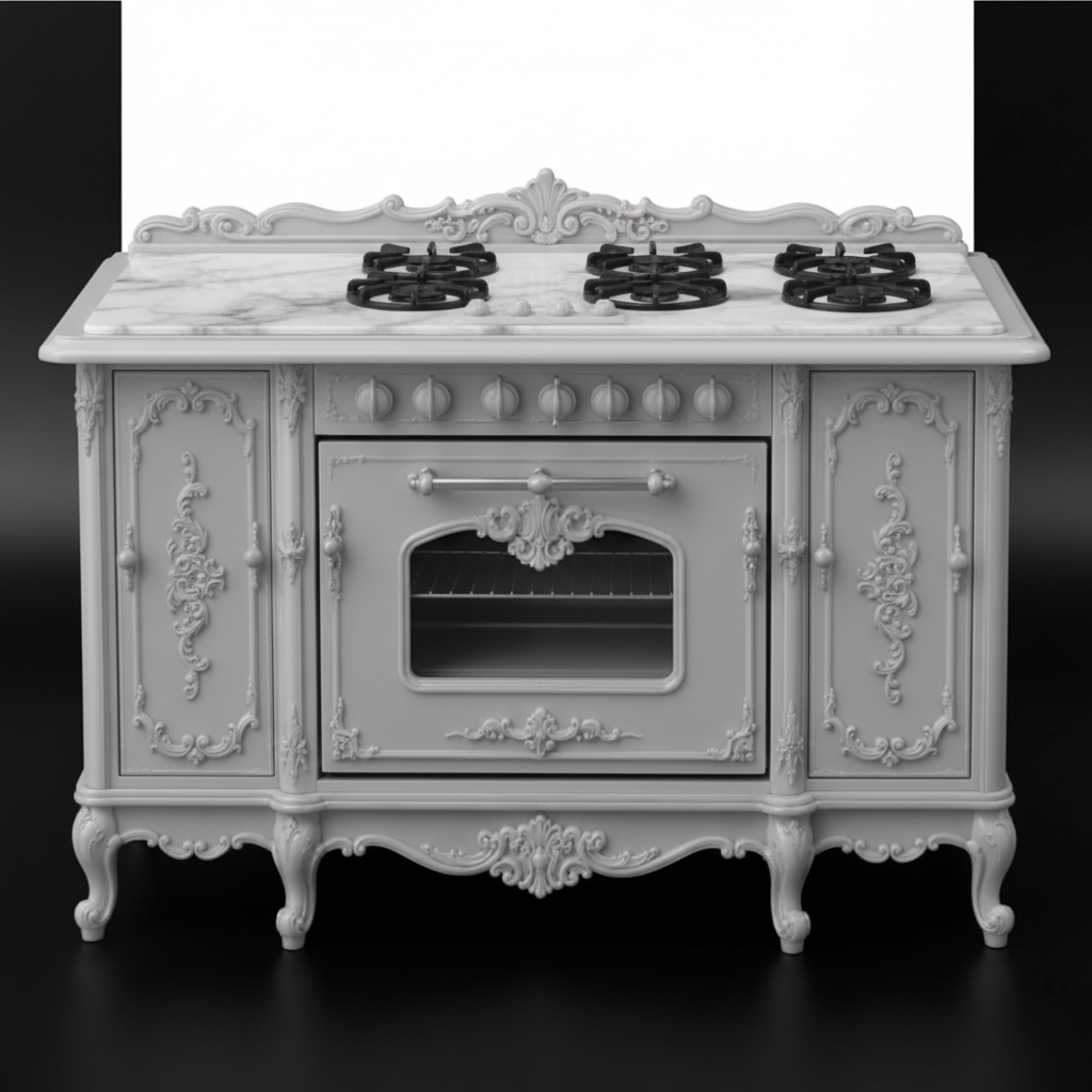1:12 scale Rococo ornate gas range stove front view on white background