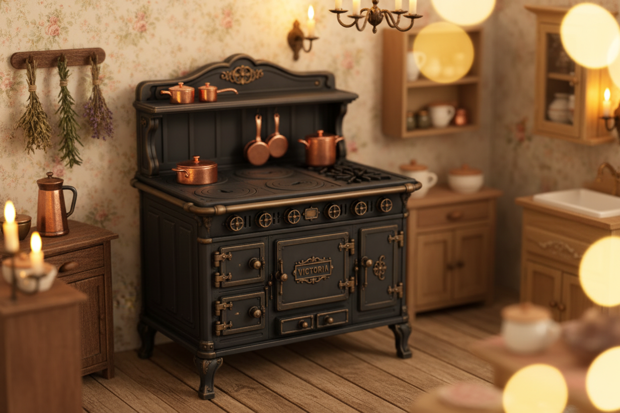 1:12 scale Victoria antique cast iron stove in a cozy dollhouse kitchen diorama