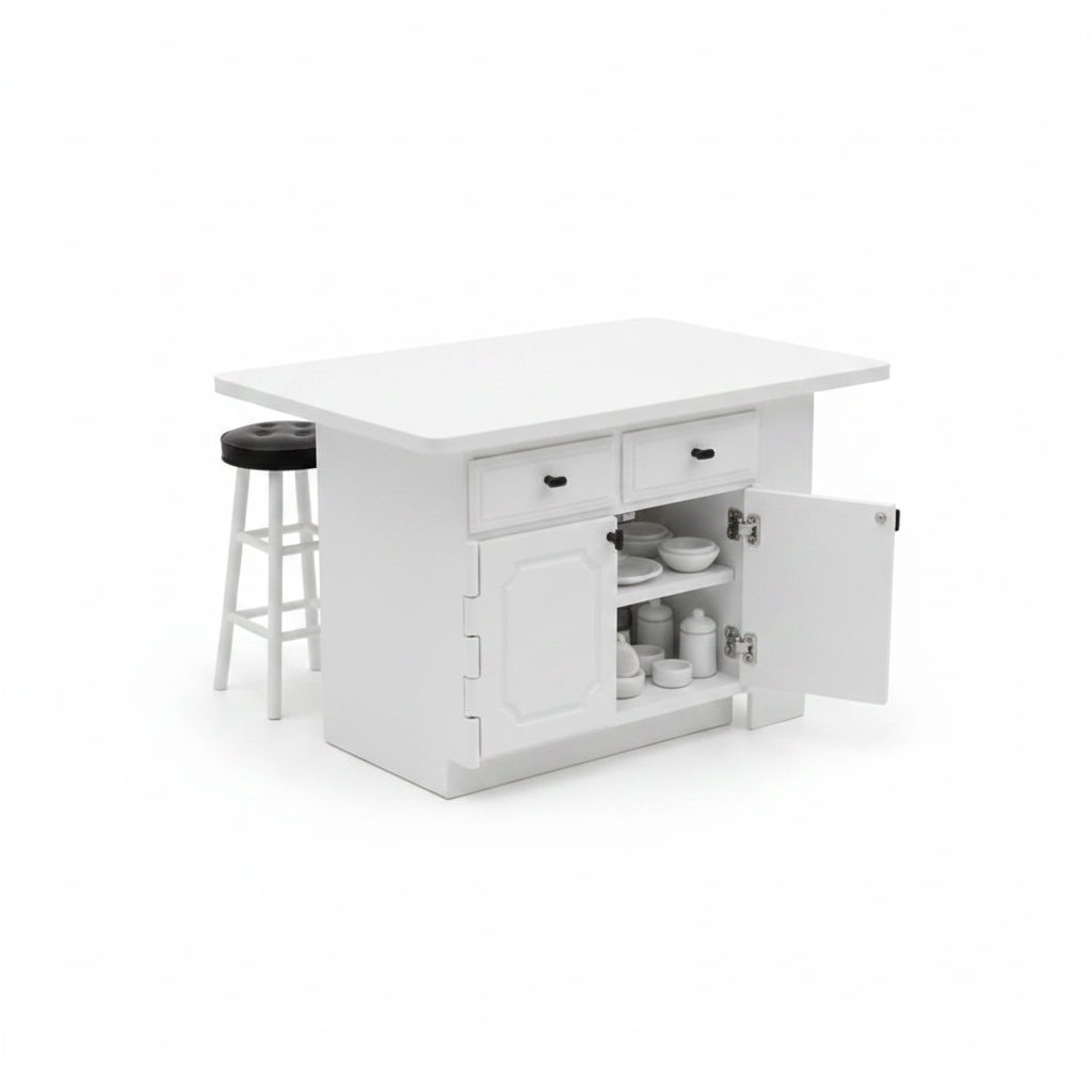 Dollhouse miniature kitchen island with cabinet door open showing shelves, white background