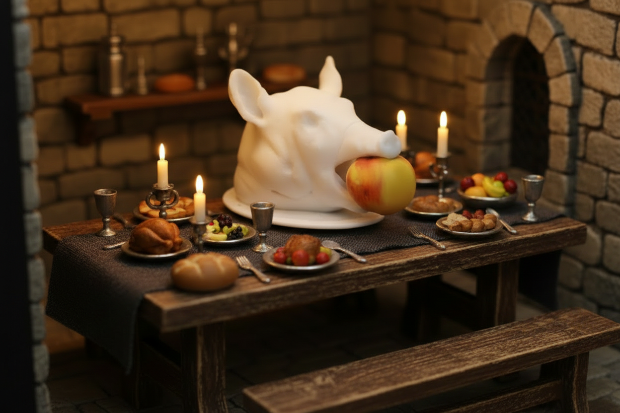 1/12 scale white 3D printed boar with apple lifestyle scene