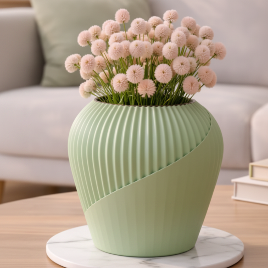Close-up of sage green ribbed fluted vase with pink globe flowers