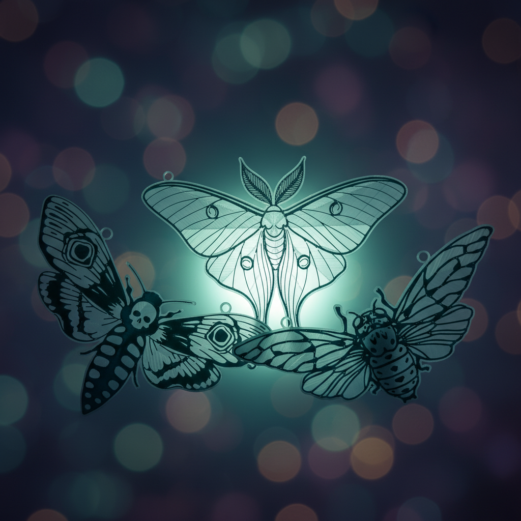 Three 3D printed teal and white moth and insect sun catchers
