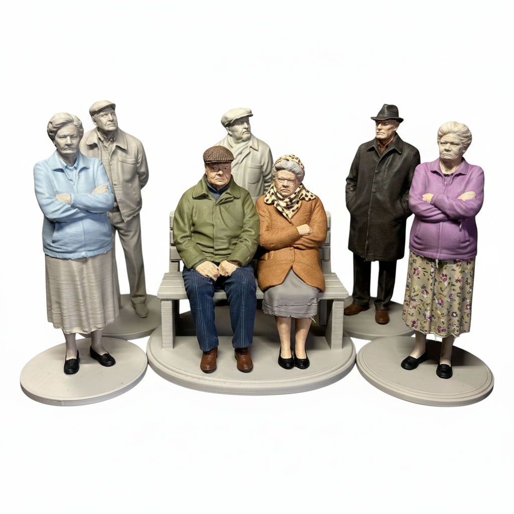 Set of 6 grumpy old people miniature figures white background studio shot