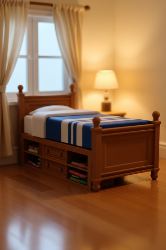 1:12 Scale Single Storage Bed - cozy dollhouse bedroom lifestyle scene