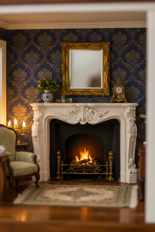 French Rococo Shell Mantel - whimsical dollhouse parlor lifestyle scene