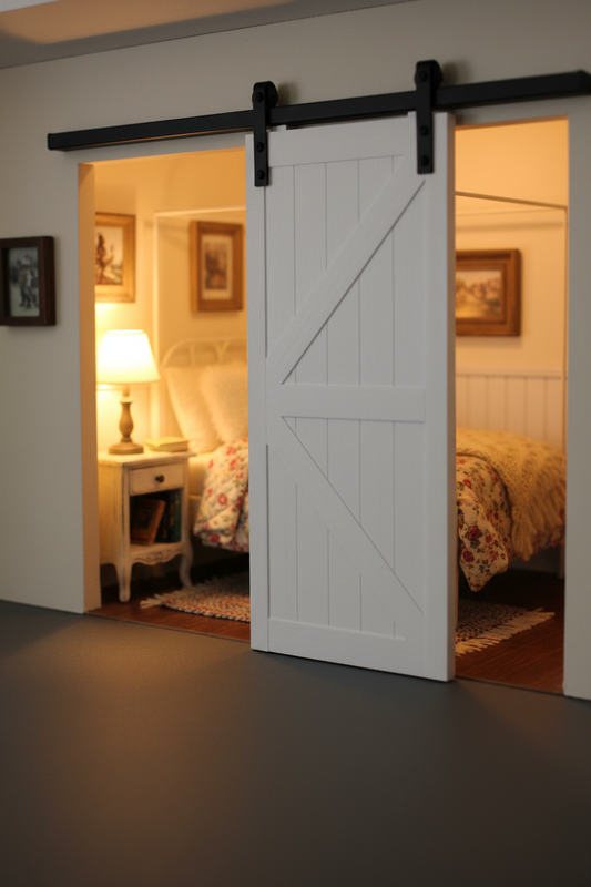 1:12 Scale Sliding Barn Door - whimsical dollhouse lifestyle scene