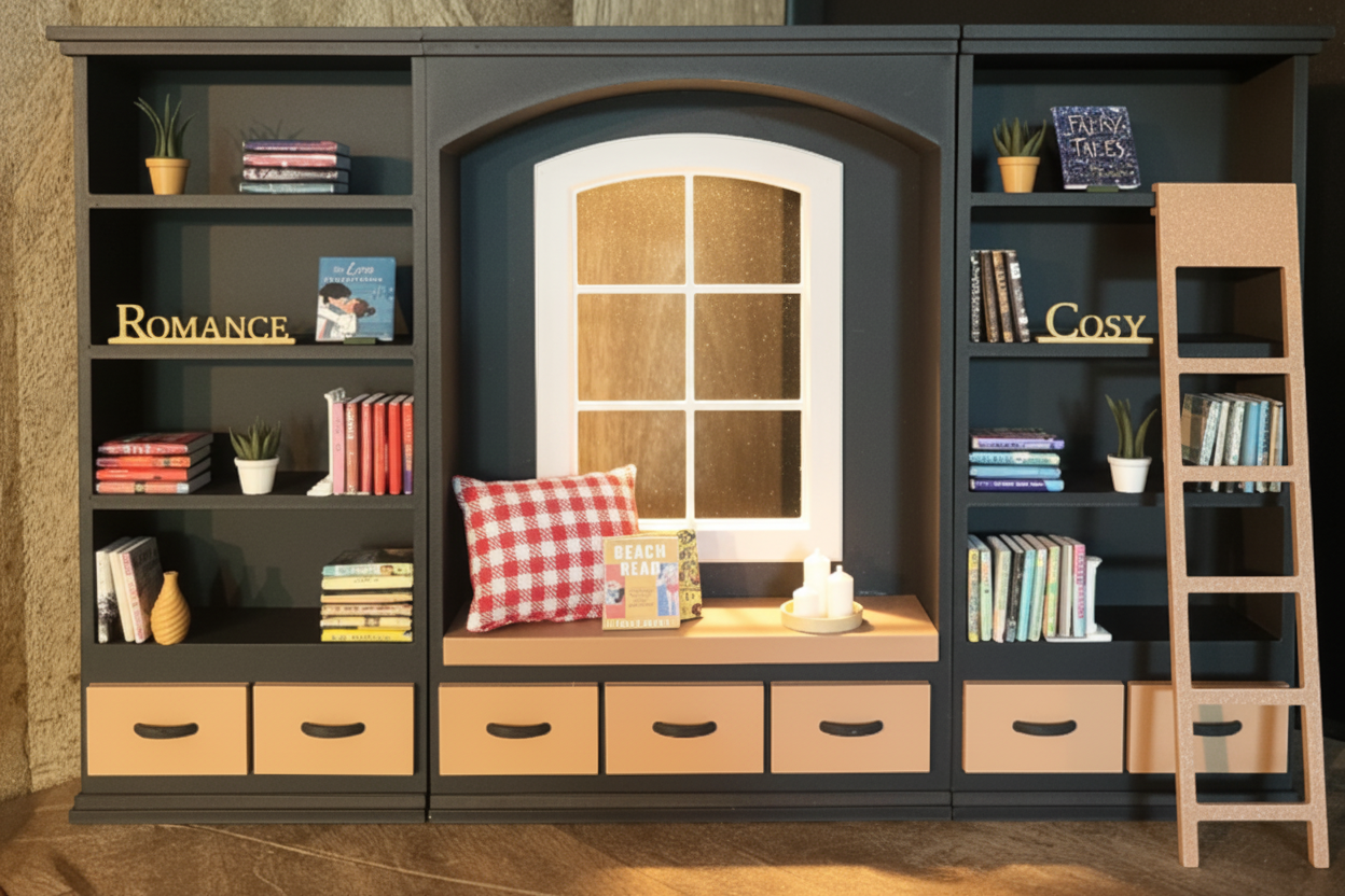 Cozy Library with Window Seat - whimsical dollhouse lifestyle scene
