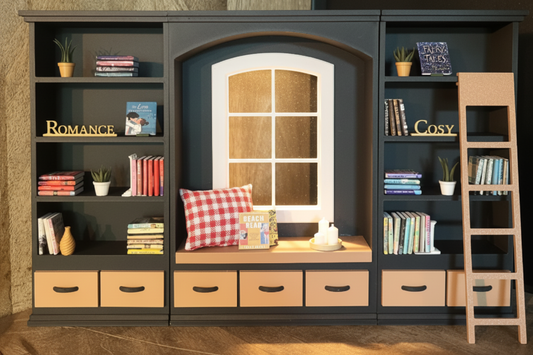 Cozy Library with Window Seat - whimsical dollhouse lifestyle scene