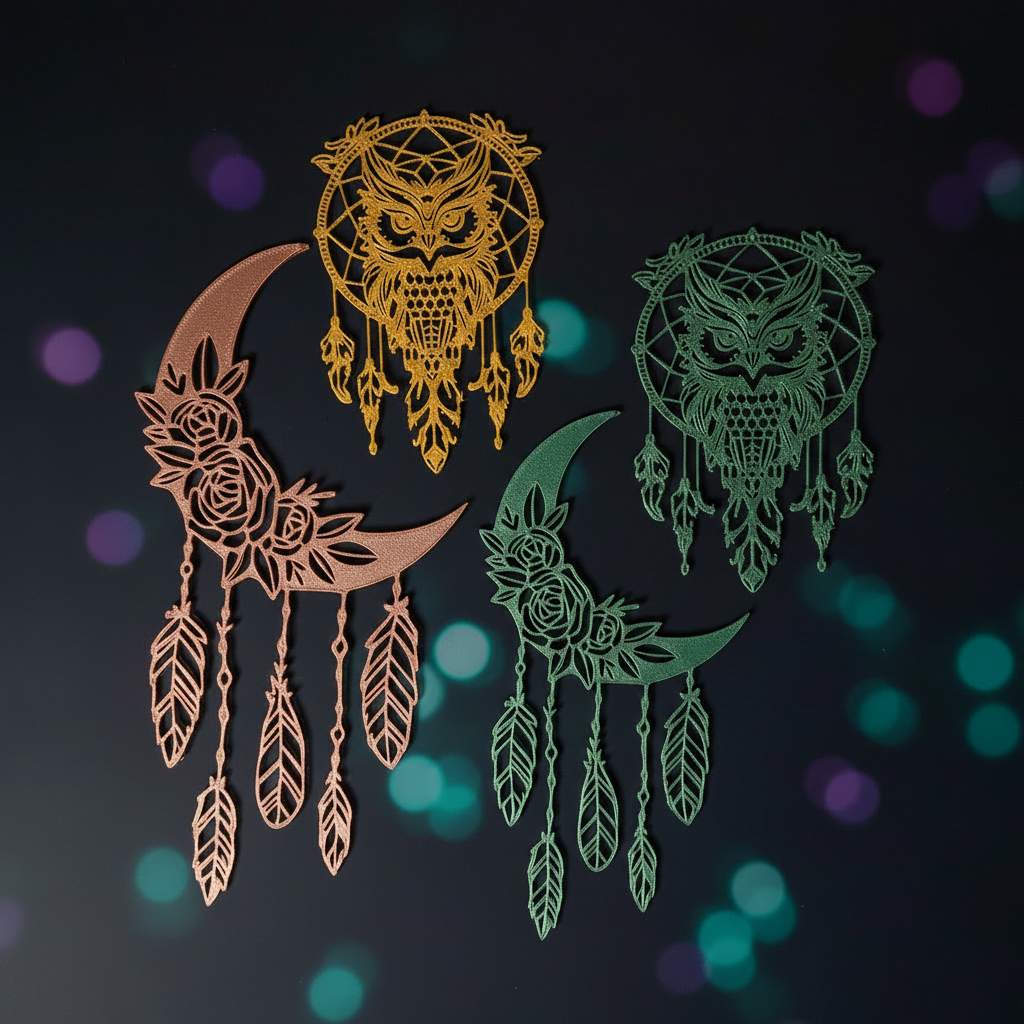 Four mini 3D printed boho dreamcatchers in green, gold, rose gold, and copper