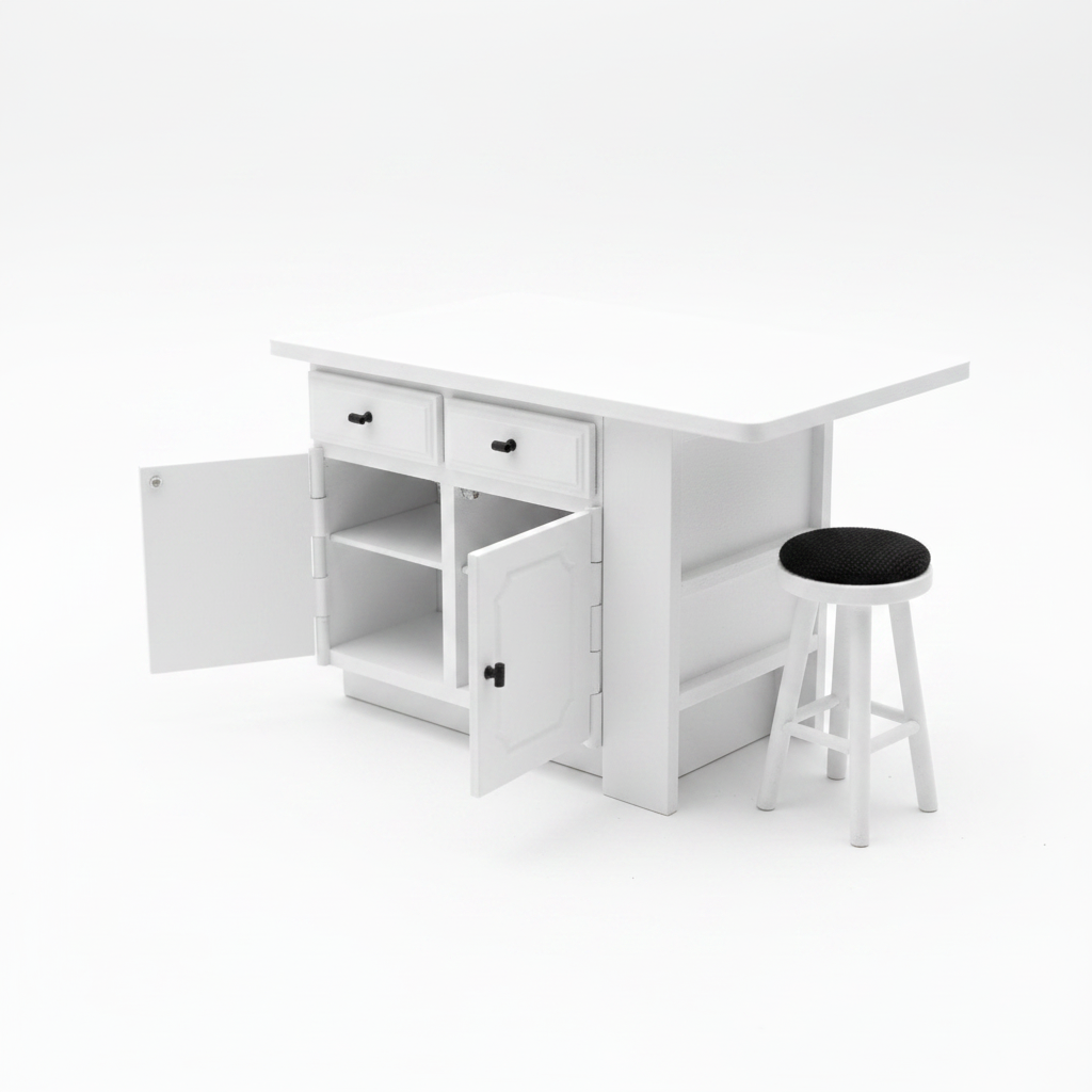 Dollhouse miniature kitchen island with both doors open and bar stool, white background