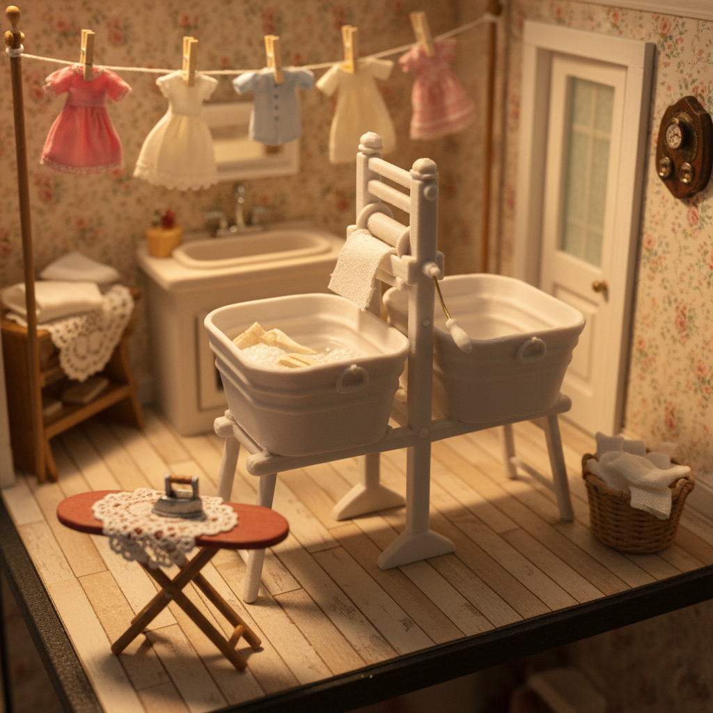 Miniature antique double tub laundry set lifestyle scene