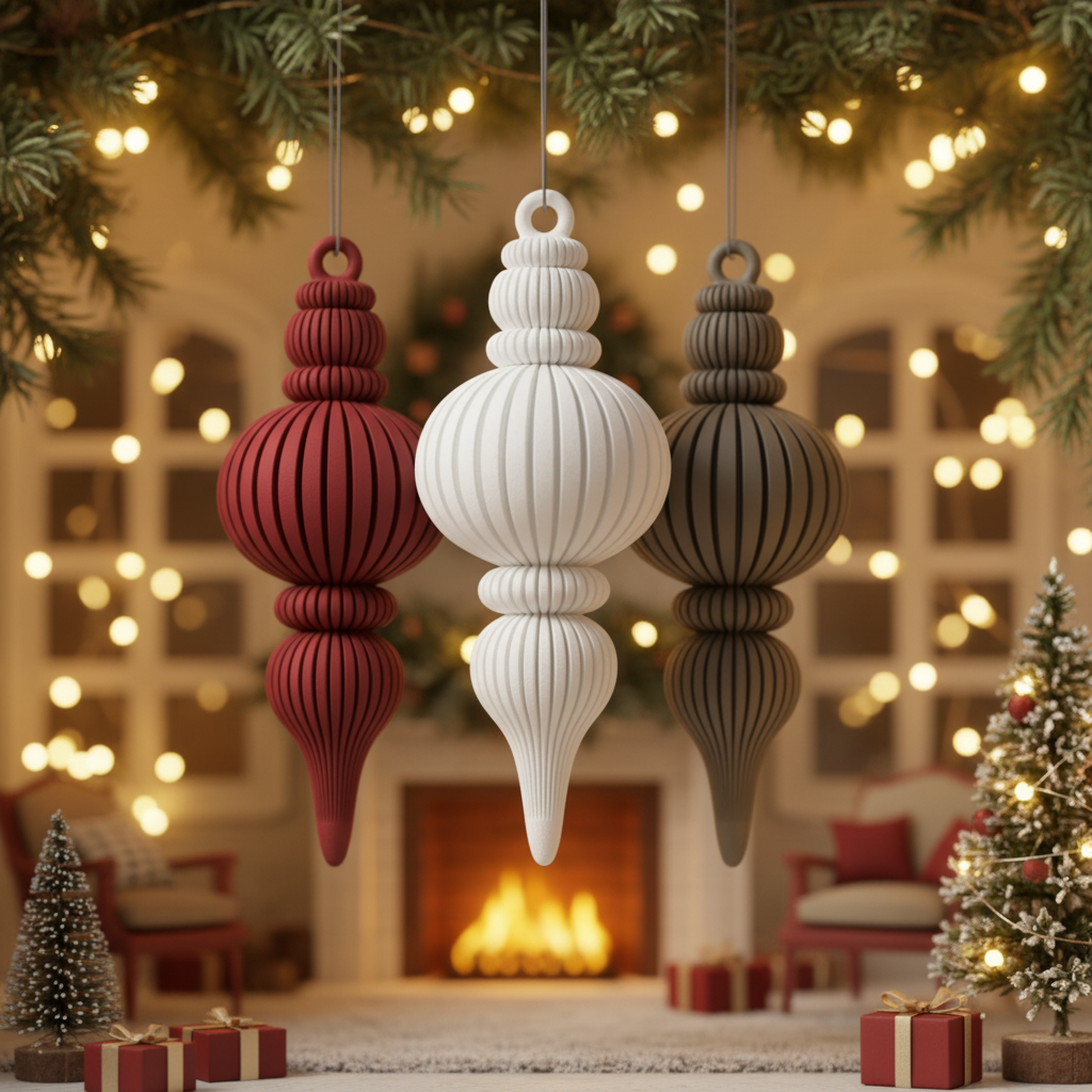 3D printed ribbed finial ornament set of 3 in holiday lifestyle scene