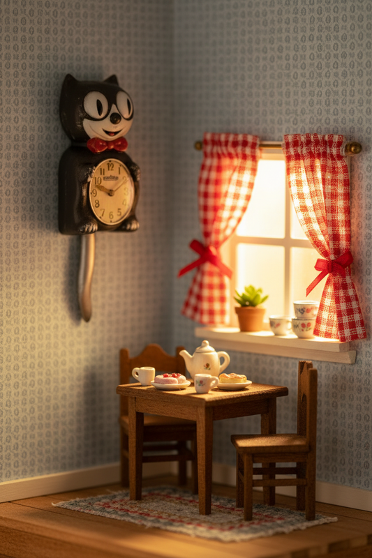 Felix the Cat Miniature Clock - retro dollhouse kitchen lifestyle scene