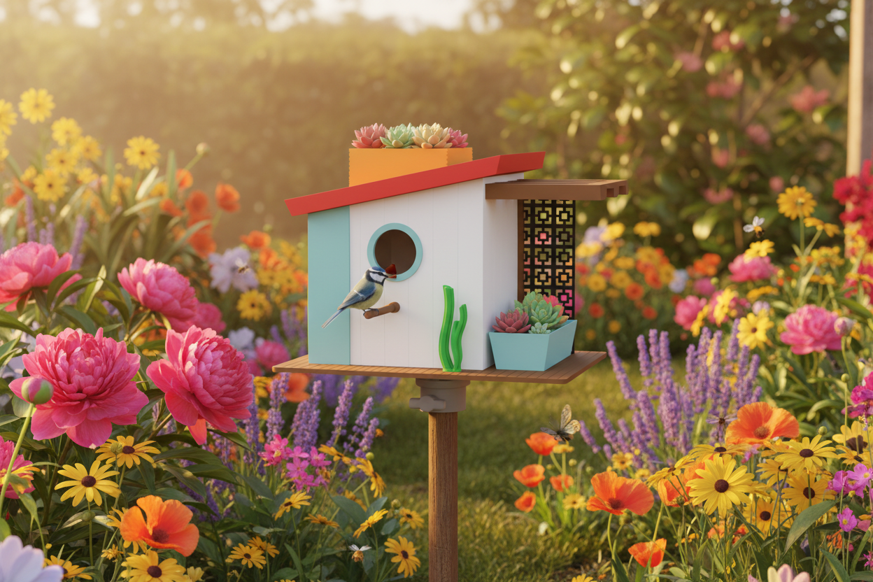 Midcentury Modern WiFi Birdhouse - lifestyle garden scene